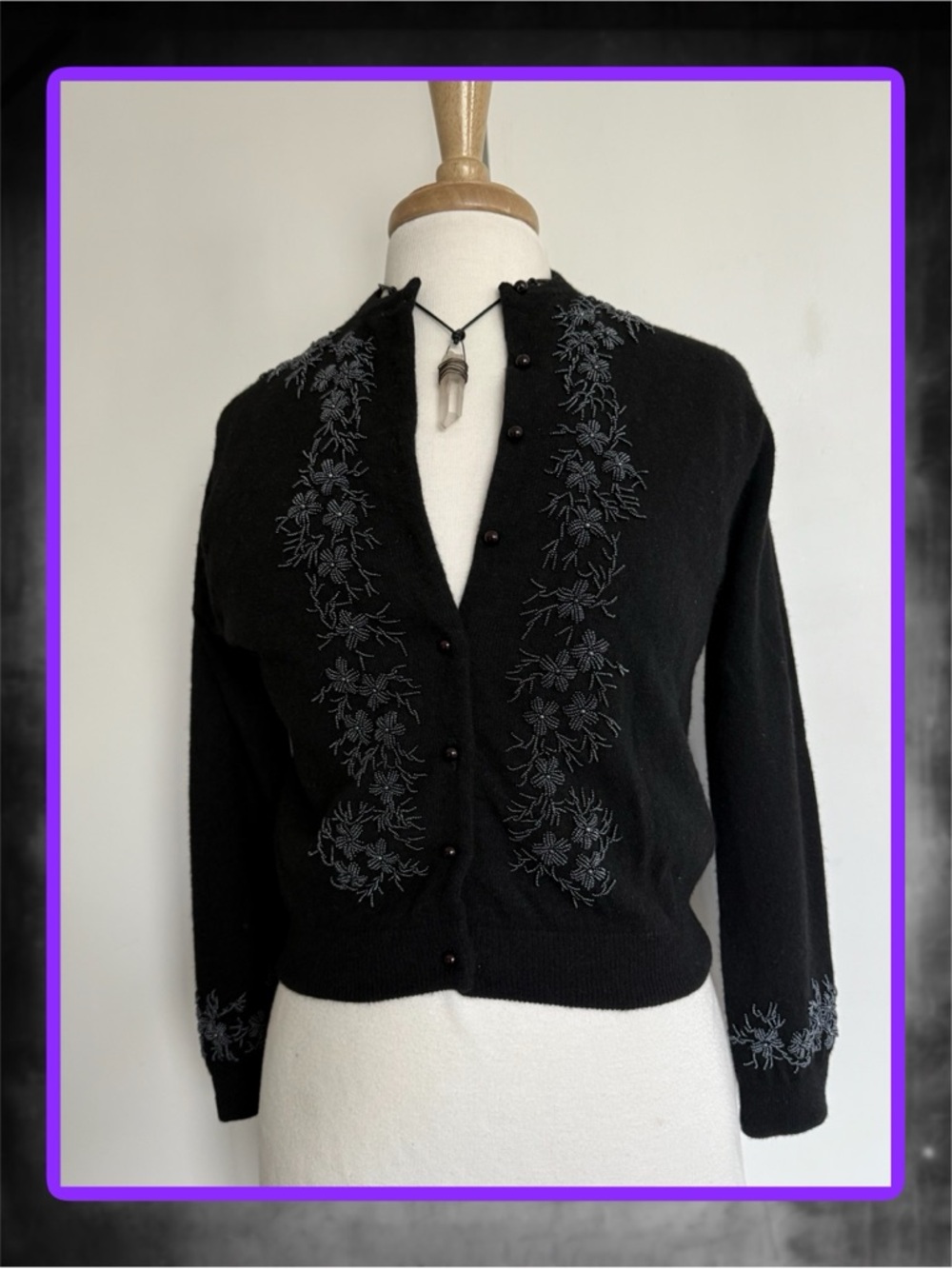 Vintage Black Lambswool Beaded Cardigan Sweater Partial Lining XS-S?